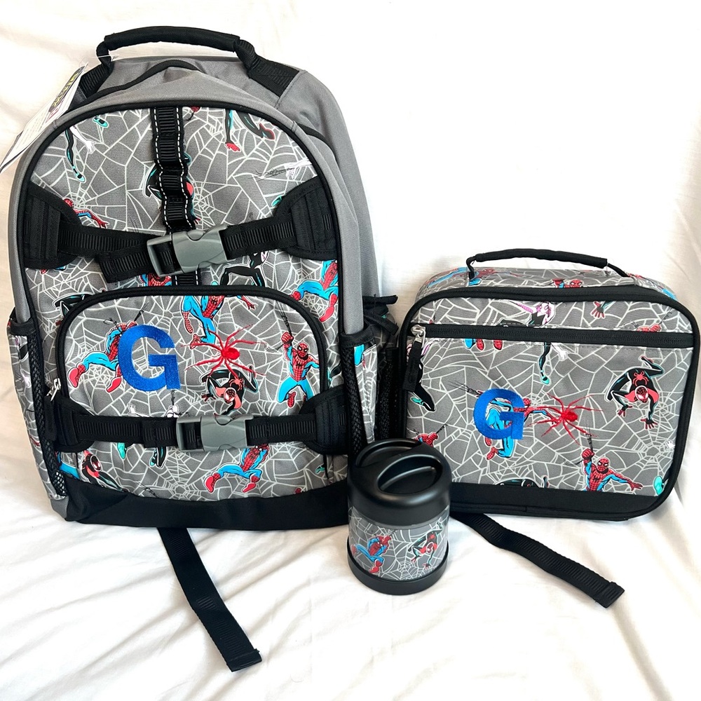 Pottery Barn Large Backpack Spiderman Monogrammed G with lunch box and thermos